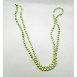 Light Green Faux Pearl Beaded Necklace Long Double Strand Vintage Style Costume